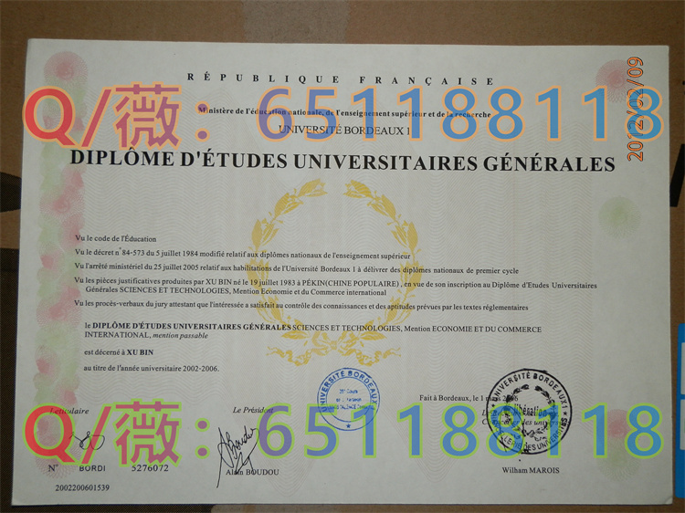 法国波尔多一大毕业证样本|Université Bordeaux 1文凭
