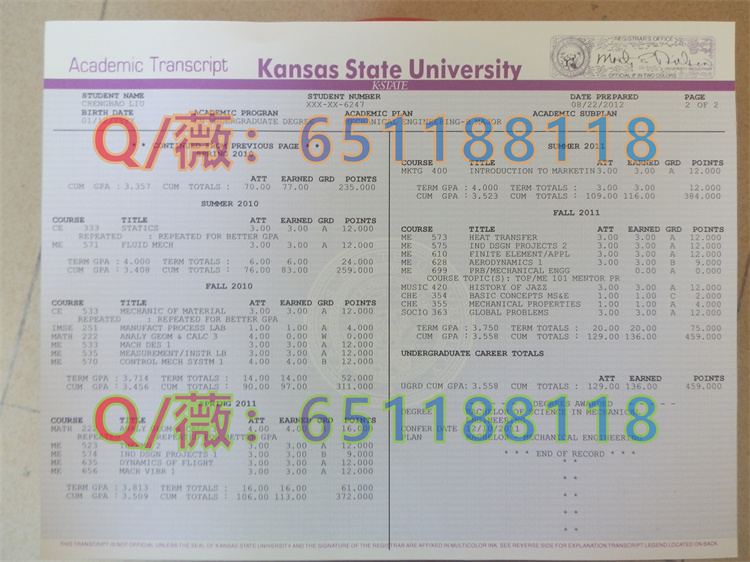 堪萨斯州立大学成绩单样本|Kansas State University Transcript|K-State成绩单