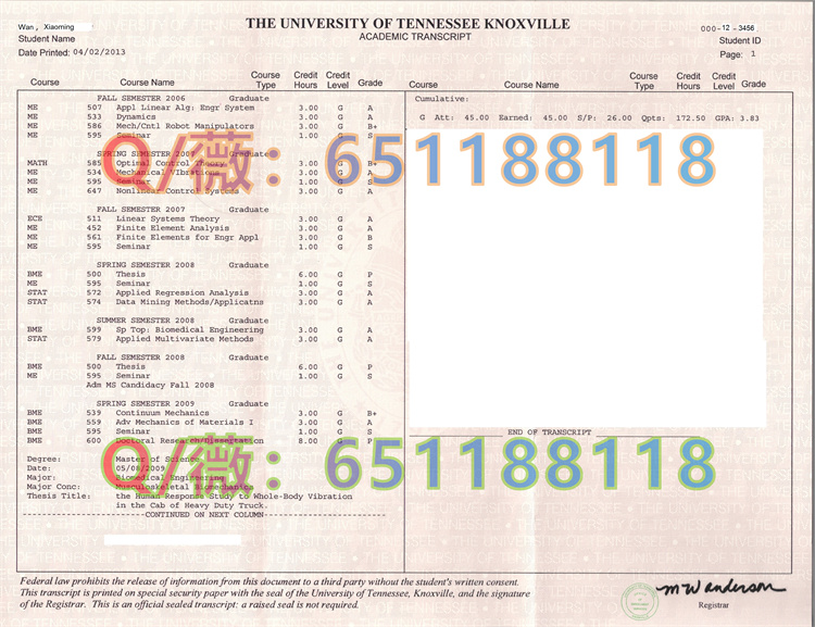 田纳西大学成绩单样本|University of Tennessee Transcript|UT成绩单