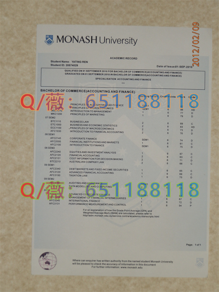 实拍莫纳什大学成绩单样本|Monash University Transcript
